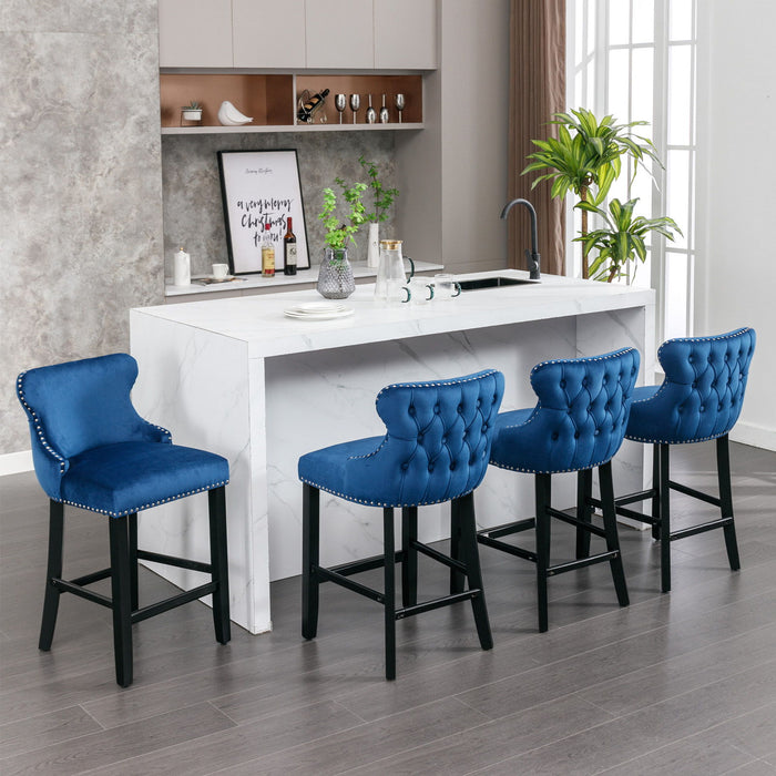A&A Furniture, Contemporary Upholstered Wing - Back Barstools With Button Tufted Decoration And Wooden Legs, And Chrome Nailhead Trim, Leisure Style Bar Chairs, Bar Stools (Set of 2) Blue