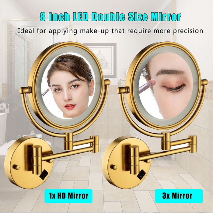8 Inch Led Wall Mount Two Sided Magnifying Makeup Vanity Mirror 12 Inch Extension Gold Finish 1X/3X Magnification Plug 360 Degree Rotation Waterproof Button Shaving Mirror