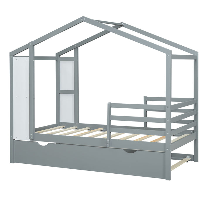 Twin Size Wood House Bed With Fence And Writing Board, Gray