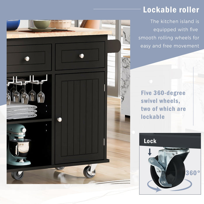 Kitchen Island With Power Outlet, Kitchen Storage Island With Drop Leaf And Rubber Wood, Open Storage And Wine Rack, 5 Wheels, With Adjustable Storage For Home, Kitchen, And Dining Room, Black