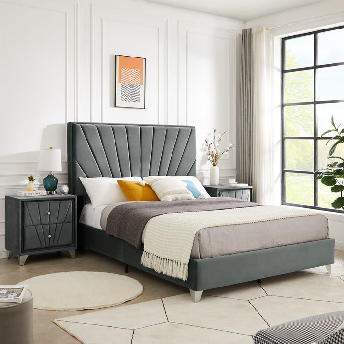 B108 Queen Bed With One Nightstand, Beautiful Line Stripe Cushion Headboard, Strong Wooden Slats And Metal Legs With Electroplate - Gray