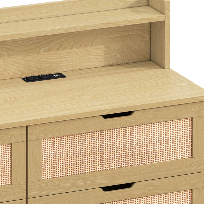 6-Drawers Rattan Storage Cabinet Rattan Drawer With LED Lights And Power Outlet, For Bedroom, Living Room, Natural
