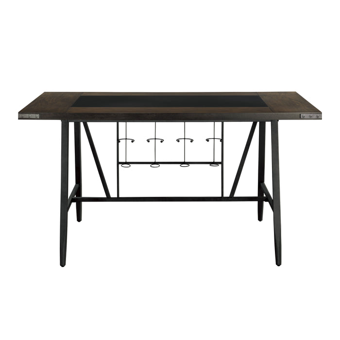 1 Piece Counter Height Dining Table W Glass Insert Top Wine Rack Base Casual Dining Furniture Brown Wood Gray Metal Finish