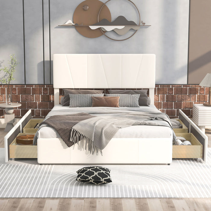 Queen Size Upholstery Platform Bed With Four Drawers On Two Sides, Adjustable Headboard, Beige