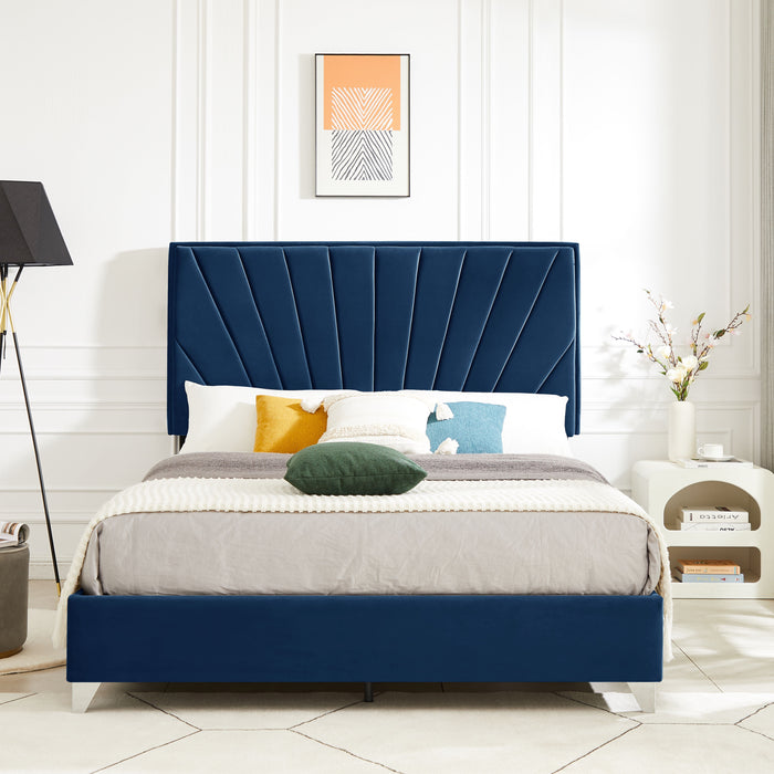 B108 Full Bed Beautiful Line Stripe Cushion Headboard, Strong Wooden Slats And Metal Legs With Electroplate - Blue