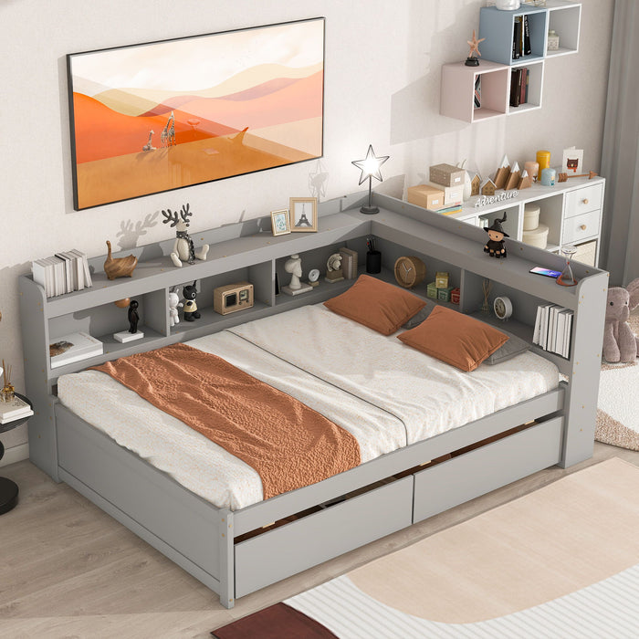 Full Bed With L-Shaped Bookcases - Gray