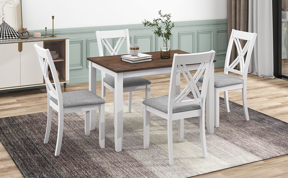 Topmax Rustic Minimalist Wood 5 Piece Dining Table Set With 4 X-Back Chairs For Small Places, White