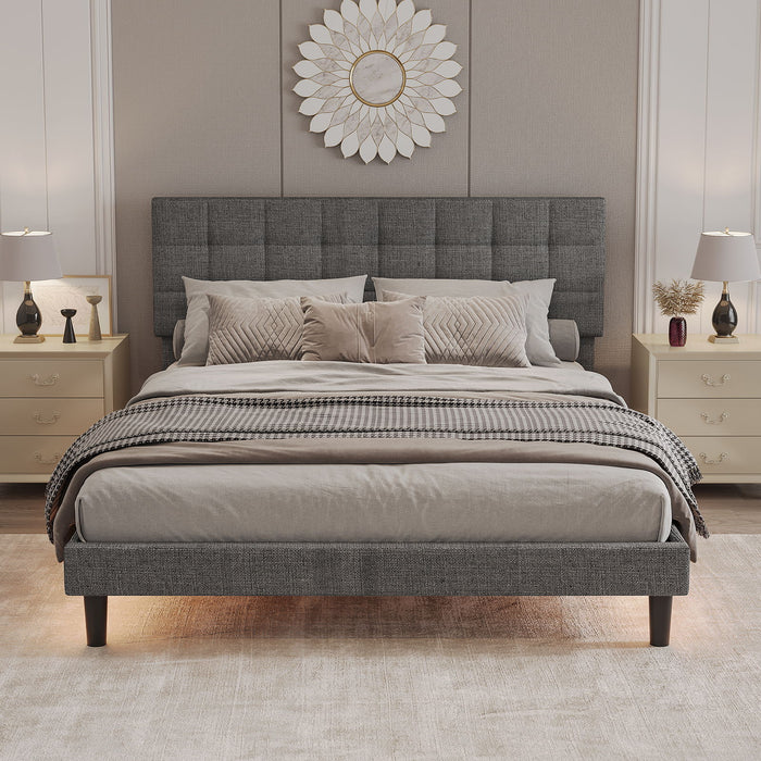 Queen Size Upholstered Platform Bed Linen Bed Frame With Lights Square Stitched Adjustable Headboard Strong Bed Slats System No Box Spring Needed Grey