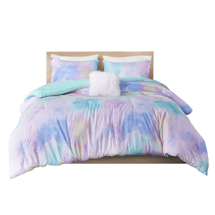 Watercolor Tie Dye Printed Comforter Set With Throw Pillow - Aqua