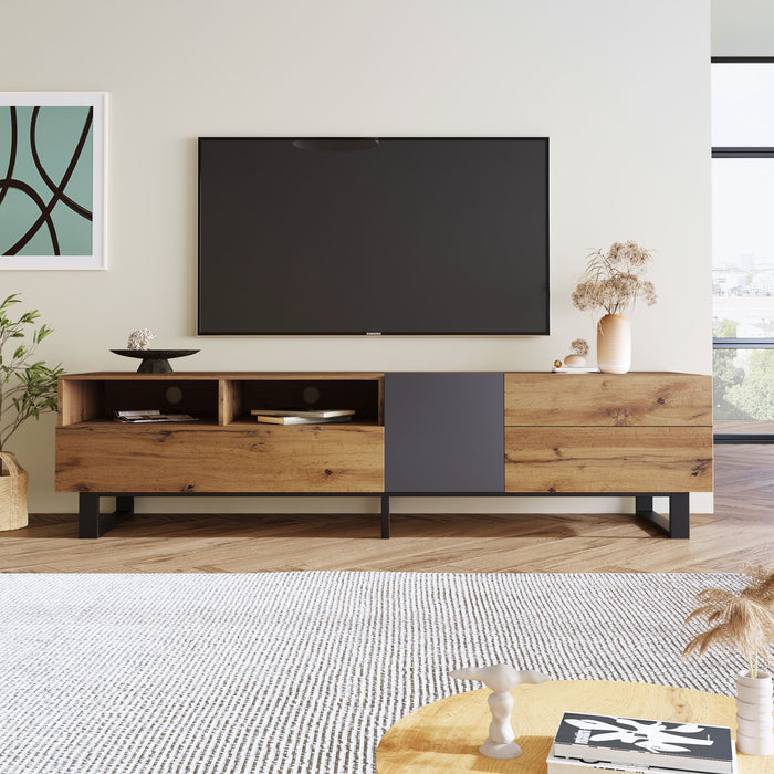 Modern TV Stand For 80'' TV With Double Storage Space, Media Console Table, Entertainment Center With Drop Down Door For Living Room