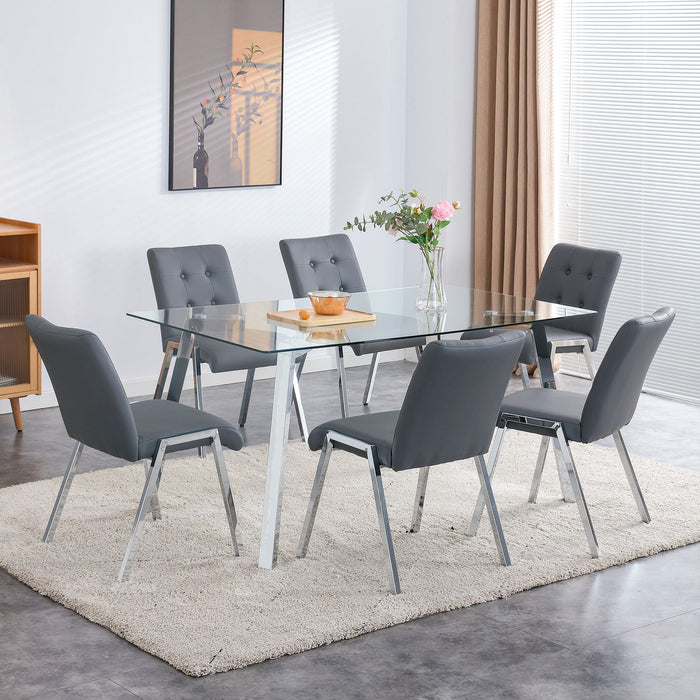 Table And Chair Set, 1 Table With 6 Grey Chairs, Rectangular Glass Dining Table With Tempered Glass Tabletop And Silver Metal Legs, Paired With Armless PU Dining Chairs And Electroplated Metal Legs