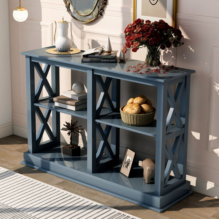 Trexm Console Table With 3 Tier Open Storage Spaces And "X" Legs, Narrow Sofa Entry Table For Living Room, Entryway And Hallway (Navy Blue)