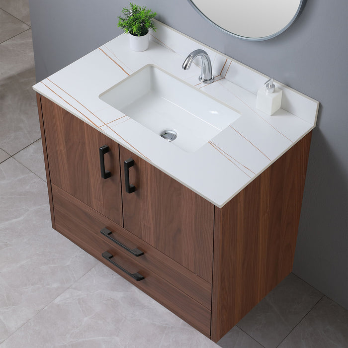 Montary 37" Bathroom Vanity Top Stone White Gold New Style Tops With Rectangle Undermount Ceramic Sink And Single Faucet Hole