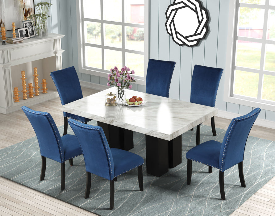 7 Piece Dining Table Set With 1 Faux Marble Dining Rectangular Table And 6 Upholstered-Seat Chairs, For Dining Room And Living Room, Blue