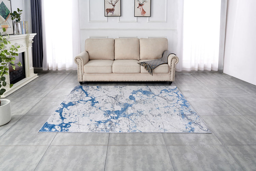 Zara Collection - Abstract Design Silver Blue Machine Washable Super Soft Area Rug