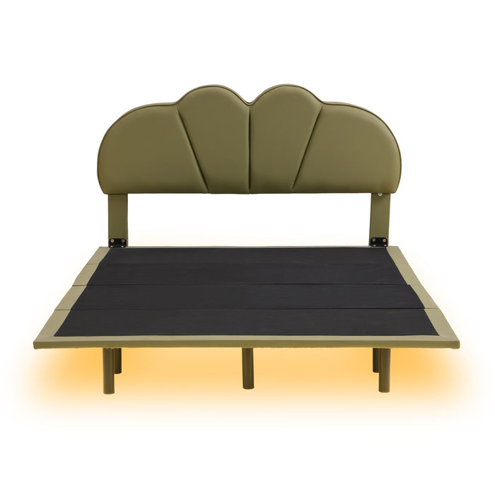 Full Size Upholstery Platform Bed With PU Leather Headboard And Support Legs, Underbed LED Light, Green