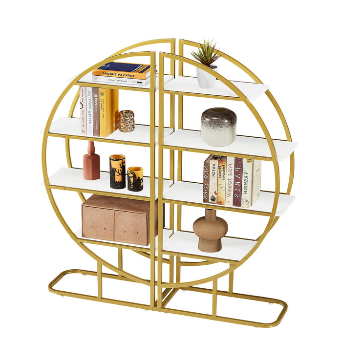 4 Tiers Home Office Open Bookshelf, Round Shape, Different Placement Ways, MDF Board, Gold Metal Frame, White