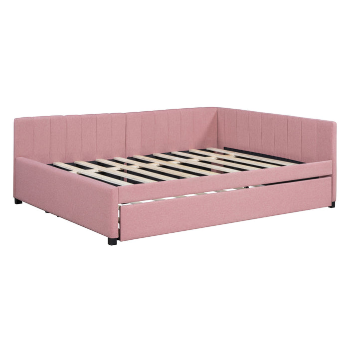 Full Size Upholstered Daybed With Trundle Sofa Bed Frame No Box Spring Needed, Linen Fabric (Pink)