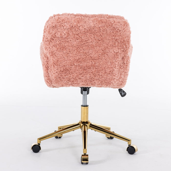 A&A Furniture Office Chair, Artificial Rabbit Hair Home Office Chair With Golden Metal Base, Adjustable Desk Chair Swivel Office Chair, Vanity Chair (Pink)