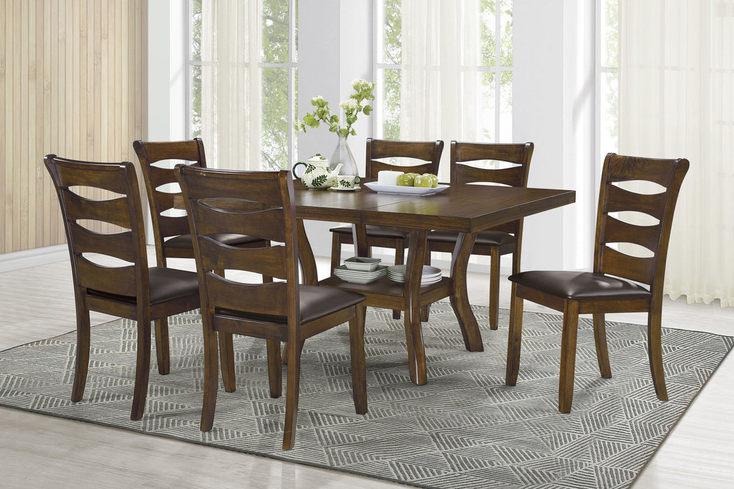Transitional Dining Room Furniture 8 Pieces Dining Set Table Self-Storing Leaf And 6 Side Chairs Brown Finish Wooden Furniture