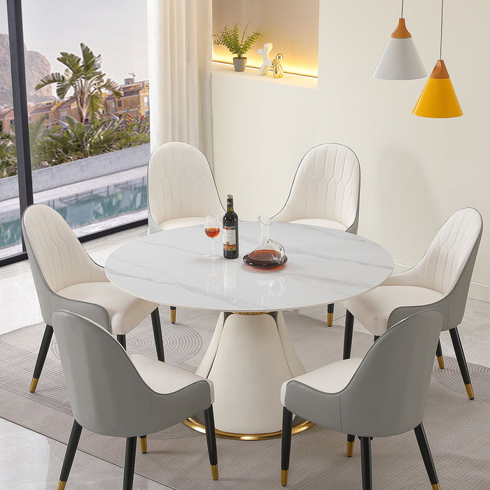 53" Modern Sintered Stone Round Dining Table With Stainless Steel Base With 6 Pieces Chairs