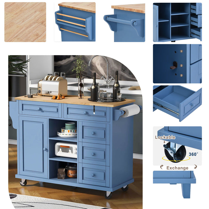 Kitchen Cart With Rubber Wood Desktop Rolling Mobile Kitchen Island With Storage And 5 Draws 53" Length (Blue)