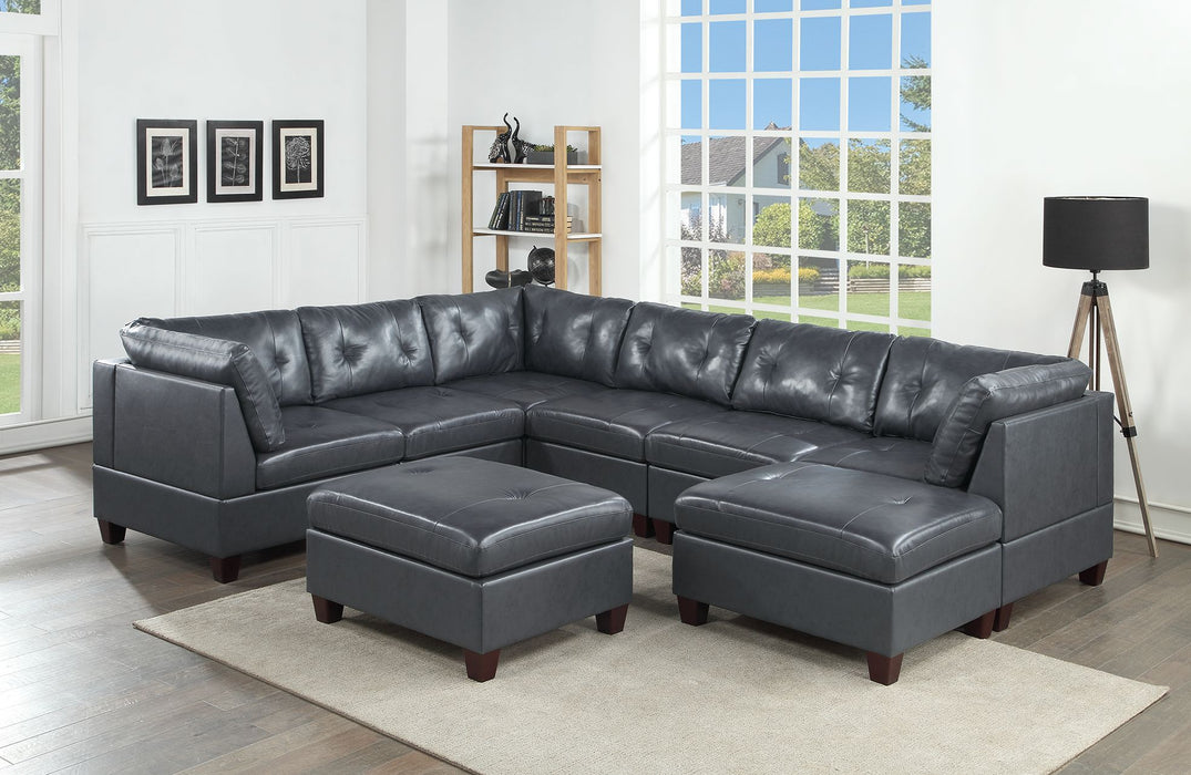 Contemporary Genuine Leather Black Tufted 8 Pieces Sectional Set 3 Corner Wedge 3 Armless Chair 2 Ottomans Living Room Furniture Sofa Couch