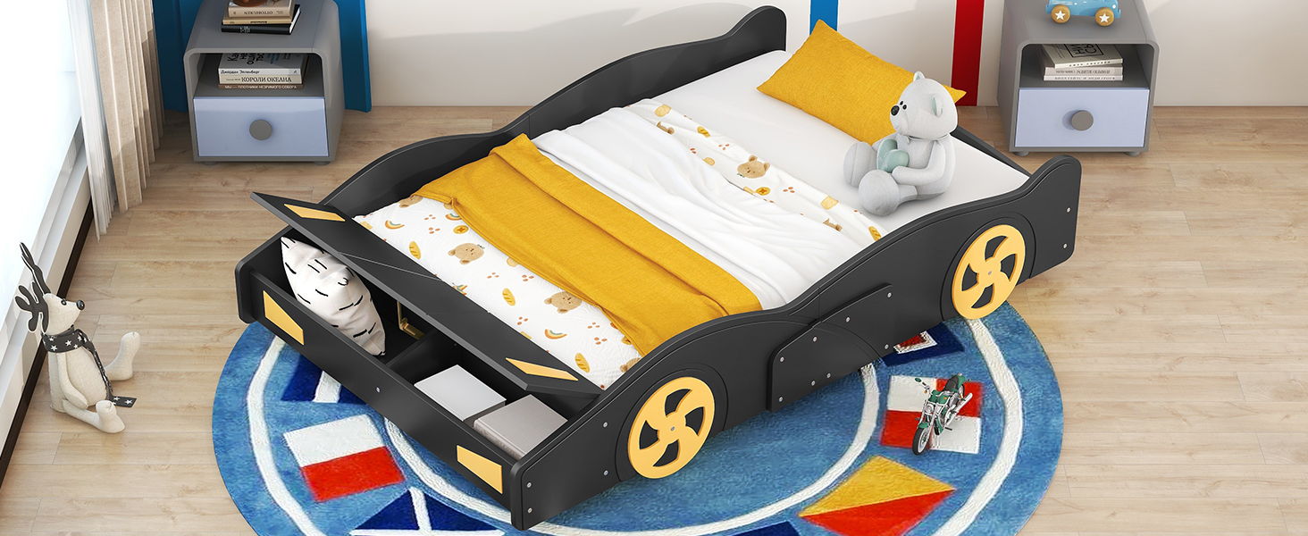 Full Size Race Car-Shaped Platform Bed With Wheels And Storage, Black / Yellow