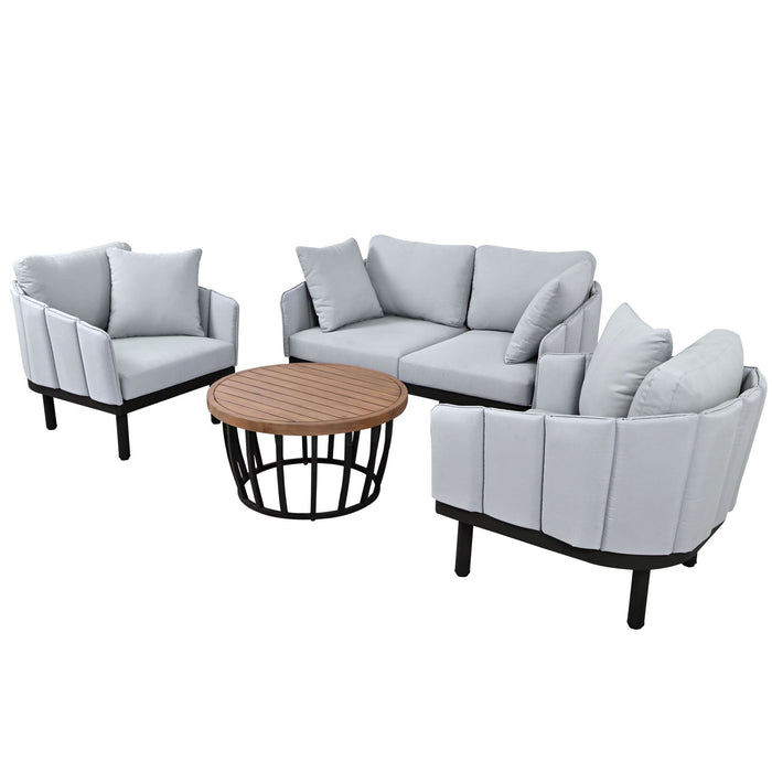 Topmax Luxury Modern 4 Piece Outdoor Iron Frame Conversation Set, Patio Chat Set With Acacia Wood Round Coffee Table For Backyard, Deck, Poolside, Indoor Use, Loveseat / Arm Chairs, Gray