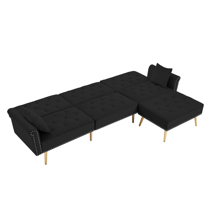Modern Velvet Upholstered Reversible Sectional Sofa Bed, L-Shaped Couch With Movable Ottoman And Nailhead Trim For Living Room (Black)