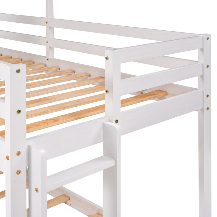 Twin Over Twin Bunk Bed Wood Bed With Roof, Window, Guardrail, Ladder (White) - White