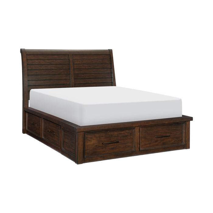 6 Drawers Queen Platform Bed 1 Piece Sleigh Headboard Brown Finish Classic Bedroom Furniture Storage Bed