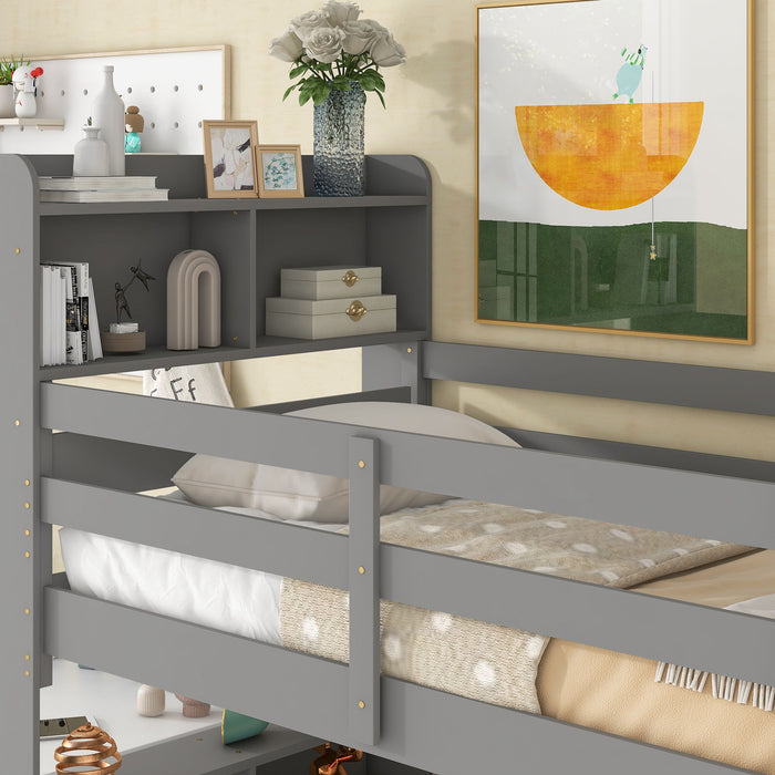 Twin Over Twin Bunk Beds With Bookcase Headboard, Safety Rail And Ladde - Grey