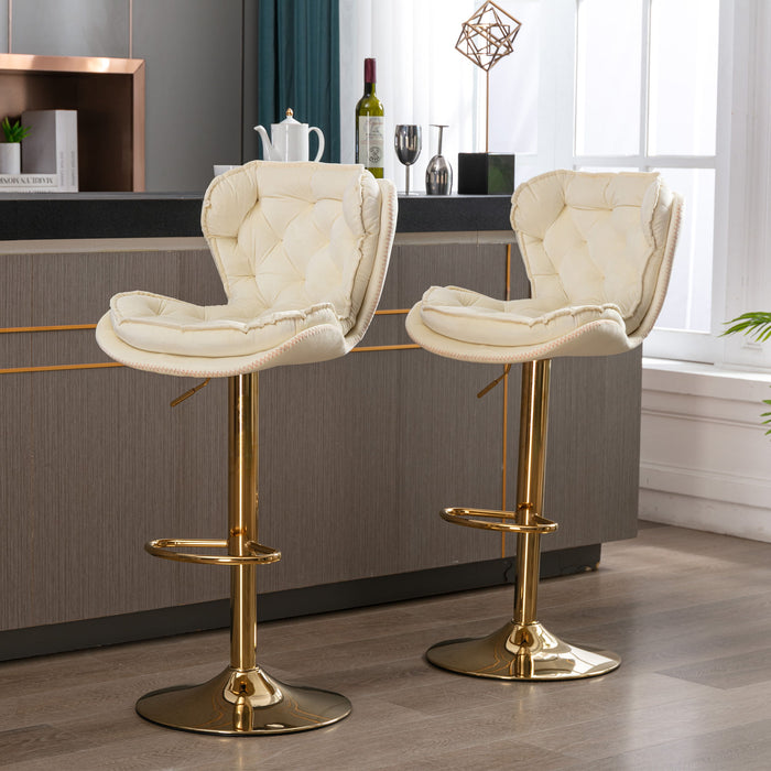 (Set of 2) Bar Stools, With Chrome Footrest And Base Swivel Height Adjustable Mechanical Lifting Velvet And Golden Leg Simple Bar Stool - Ivory & Gold