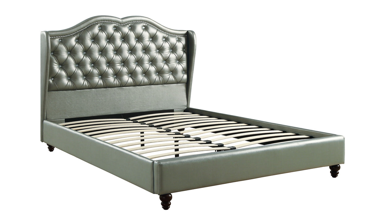 Full Size Bed 1 Piece Bed Set Silver Faux Leather Upholstered Wingback Design Bed Frame Headboard Bedroom Furniture Tufted Upholstered