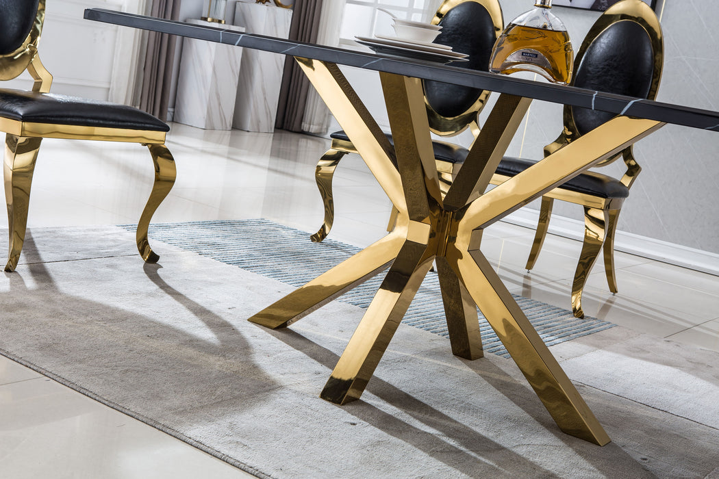 Modern Rectangular Marble Table For Dining Room / Kitchen, 1.02" Thick Marble Top, Gold Finish Stainless Steel Base