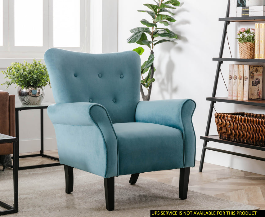 Stylish Living Room Furniture 1 Piece Accent Chair Blue Button - Tufted Back Rolled - Arms Black Legs Modern Design Furniture