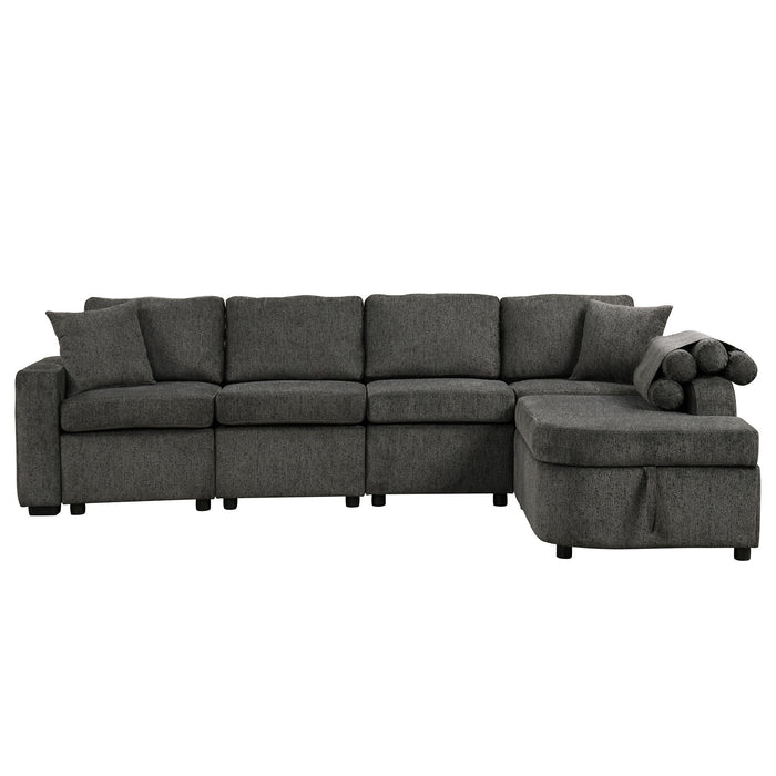 Shaped Couch Sectional Sofa With Storage Chaise, Cup Holder, Type C And USB Ports For Living Room, Black