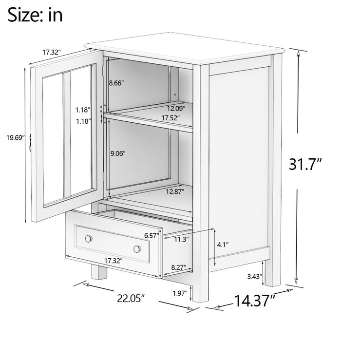 Buffet Storage Cabinet With Single Glass Doors And Unique Bell Handle - White