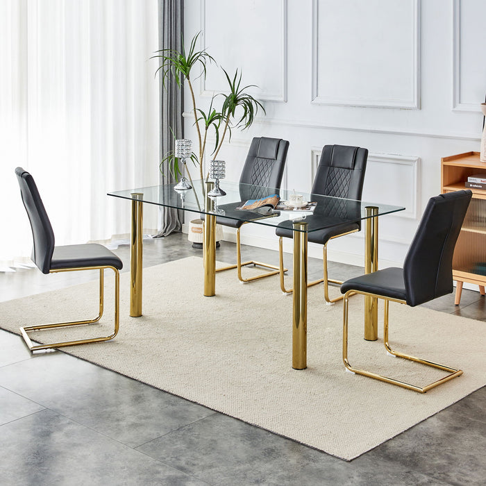 Table And Chair Set, 1 Table With 6 Black Chairs. Transparent Tempered Glass Tabletop With A Thickness Of 0.3 Feet And Golden Metal Legs. Paired With PU Black Seat Cushions And Gold Leg Chair