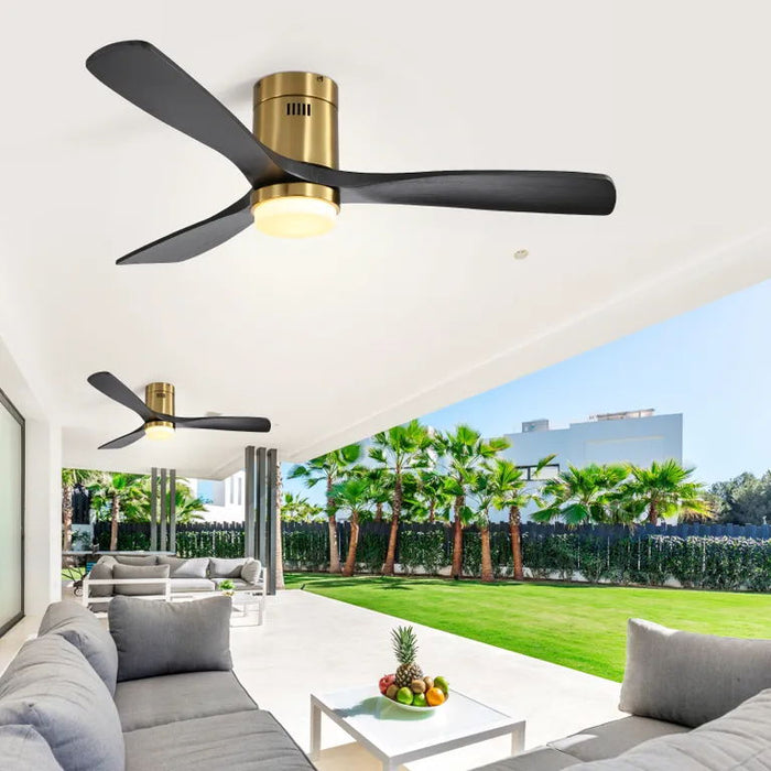 Indoor Wood Ceiling Fan With 3 Solid Wood Blades Remote Control Reversible Dc Motor For Living Room - Black / Gold