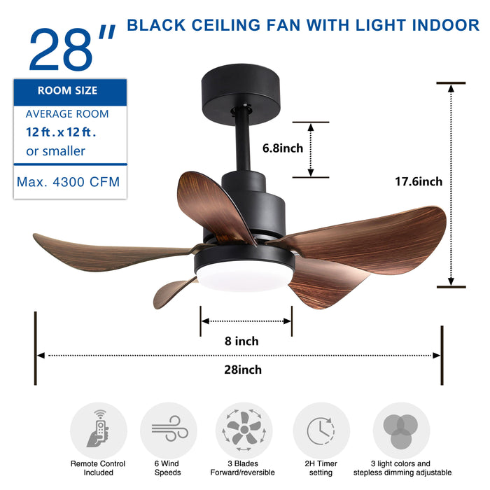 28" Ceiling Fan With Lights Remote Control, Small Ceiling Fan Flush Mount, 5 Reversible Blades, Low Profile Ceiling Fan 6 Speeds 3 Colors For Bedroom Kitchen