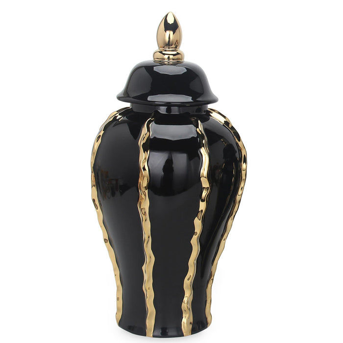 Elegant Ceramic Ginger Jar Vase With Gold Accents And Removable Lid - Timeless Home Decor Black