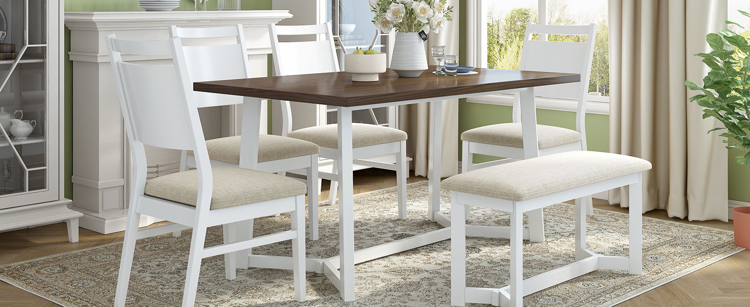 Top max Farmhouse 6 Piece Wood Dining Table Set With 4 Upholstered Chairs And Bench, White