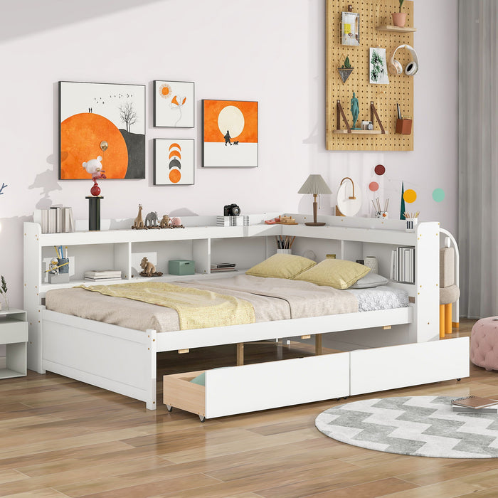 Full Bed With L-Shaped Bookcases - White