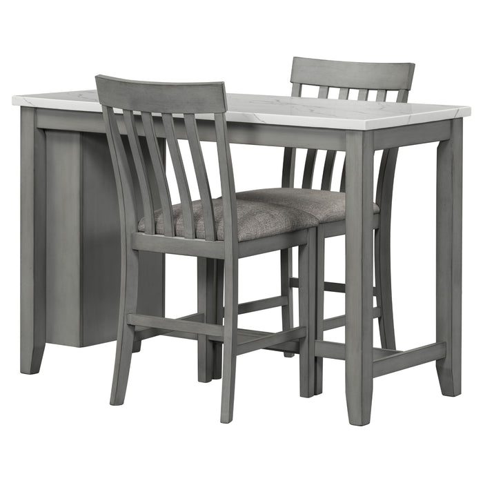 3 Piece Counter Height Dining Table Set With Built - In Storage Shelves, One Faux Marble Top Dining Table And 2 Counter Chairs With Footrest, Grey