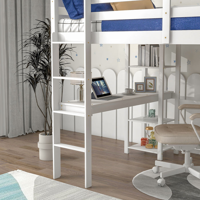 Full Loft Bed With Desk And Shelves - White