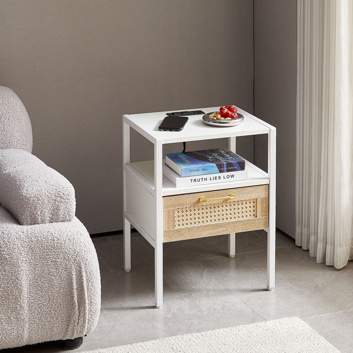 Rattan End Table With Power Outlet & USB Ports, Modern Nightstand With Drawer And Metal Legs, Side Table For Living Room, Bedroom, White (1 Piece)