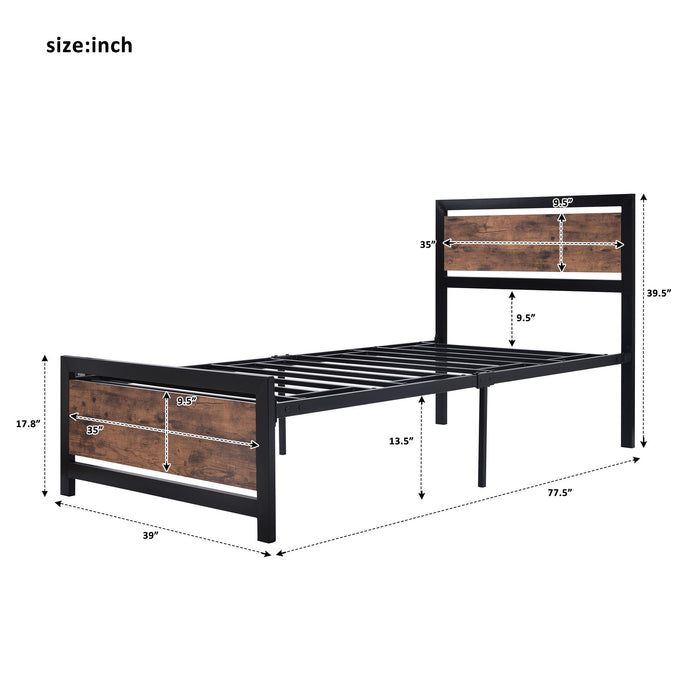 Metal And Wood Bed Frame With Headboard And Footboard, Twin Size Platform Bed, No Box Spring Needed, Easy To Assemble (Black)
