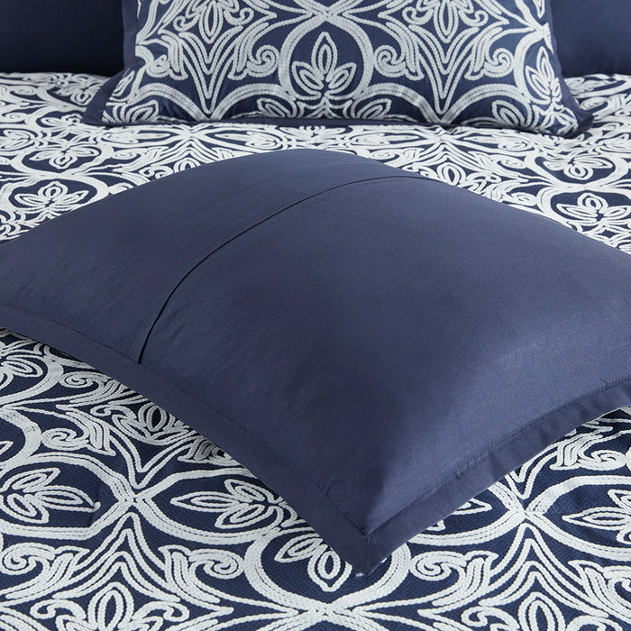 7 Piece Flocking Comforter Set With Euro Shams And Throw Pillows, Navy